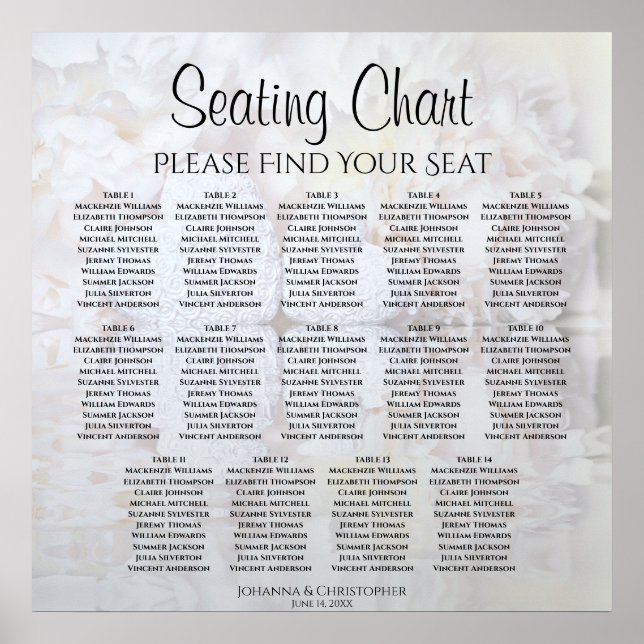 14 Table White Peonies Wedding Seating Chart (Front)