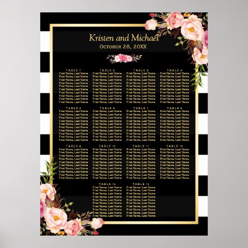 14 Tables Pink Floral Wedding Seating Chart
