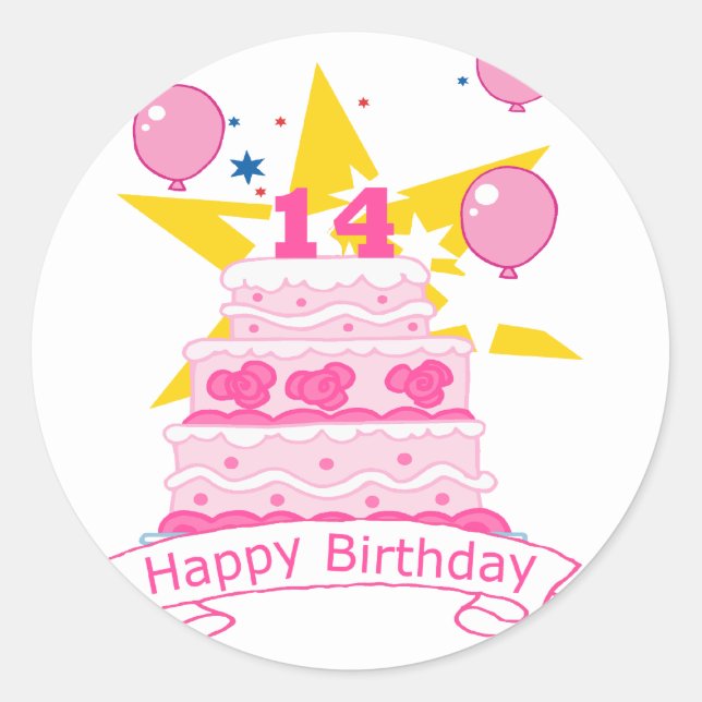 14 Year Old Birthday Cake Classic Round Sticker (Front)