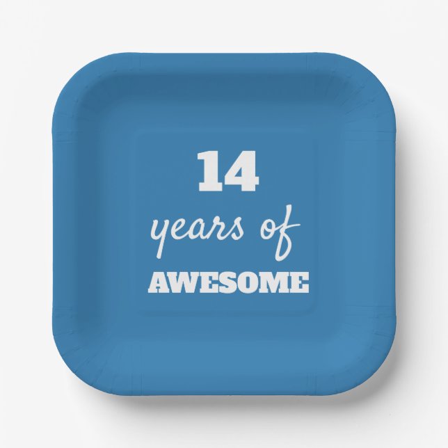 14 Years of Awesome - Blue 14th Birthday Paper Plates (Front)