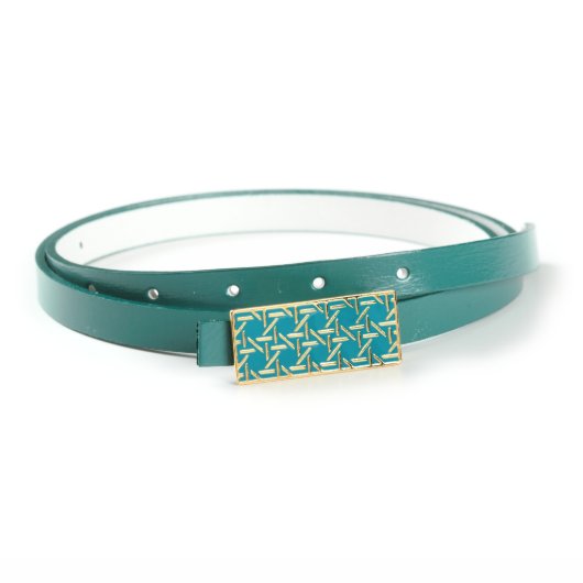 14kt Gold Lattice Buckle with Teal Genuine Italian Leather Skinny Belt (Front)