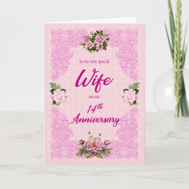 14th Anniversary for Wife with Pink Roses Card (Front)