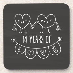 14th Anniversary Gift Chalk Hearts Beverage Coaster
