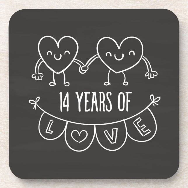 14th Anniversary Gift Chalk Hearts Beverage Coaster (Front)