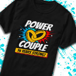 14th Anniversary Married Couples 14 Years Strong T-Shirt<br><div class="desc">This fun 14th wedding anniversary design is perfect for couples married 14 years to celebrate their marriage! Great to celebrate with your husband or wife or for your parent's 14 year wedding anniversary party! Features "Power Couple - 14 Years Strong!" wedding anniversary quote w/ joined wedding rings in a blast...</div>