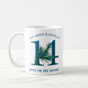 14th Anniversary Peacock Feather Customizable Coffee Mug