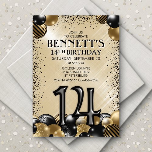 14th Balloons Black Gold Birthday Invitation