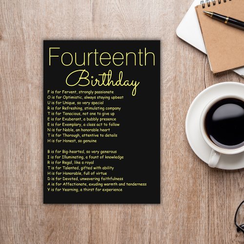 14th Birthday Acrostic Poem Folded Greeting Card