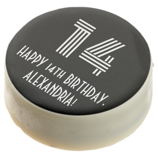 14th Birthday - Art Deco Inspired Look "14", Name Chocolate Covered Oreo (Angled)