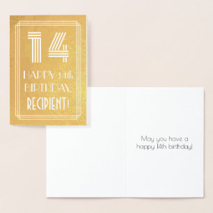 14th Birthday – Art Deco Inspired Look "14" + Name Foil Card