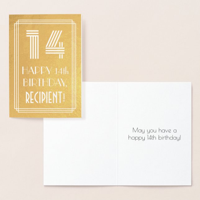 14th Birthday – Art Deco Inspired Look "14" + Name Foil Card (Display)