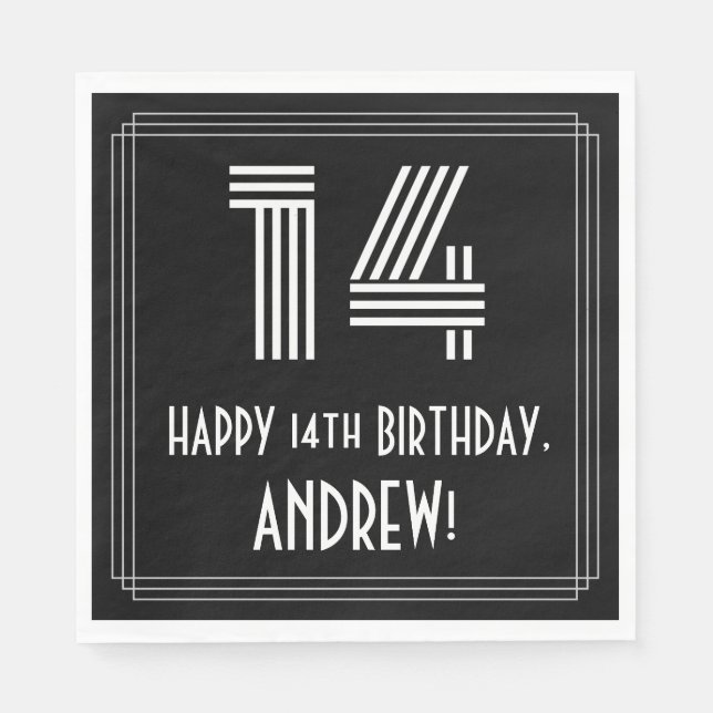 14th Birthday: Art Deco Inspired Look "14" + Name Napkins (Front)