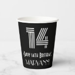 [ Thumbnail: 14th Birthday — Art Deco Inspired Look “14” + Name Paper Cups ]