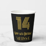 [ Thumbnail: 14th Birthday: Art Deco Inspired Look “14” & Name Paper Cups ]