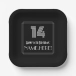 [ Thumbnail: 14th Birthday — Art Deco Inspired Look “14” + Name Paper Plates ]