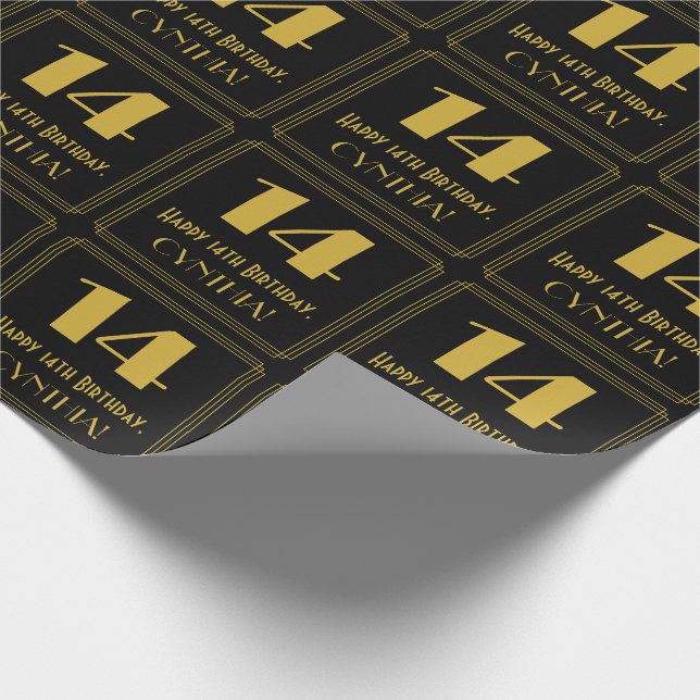 14th Birthday ~ Art Deco Inspired Look "14", Name Wrapping Paper (Corner)