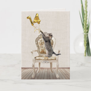 14th Birthday Balloons and Tabby Cat Card