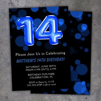 14th Birthday Balloons Kids Blue Boy Party Invitation by WittyPrintables at Zazzle