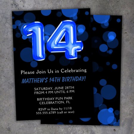 14th Birthday Balloons Kids Blue Boy Party Invitation