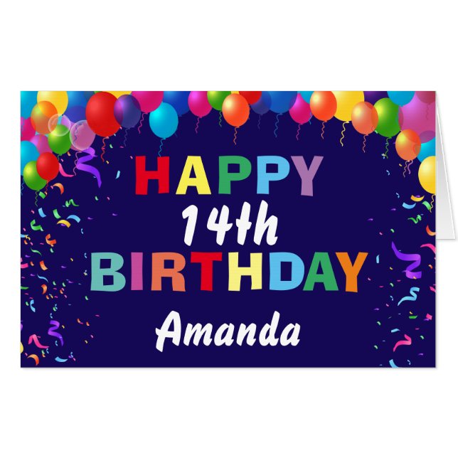 14th Birthday Balloons Navy Blue Extra Large Jumbo Card (Front Horizontal)