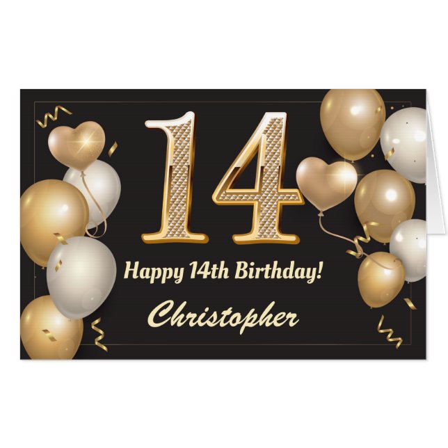 14th Birthday Black and Gold Balloons Extra Large Card (Front Horizontal)
