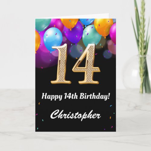 14th Birthday Black and Gold Colorful Balloons Card