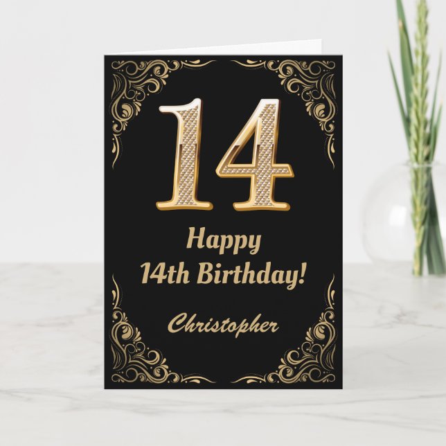14th Birthday Black and Gold Glitter Frame Card (Front)