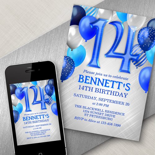 14th Birthday Blue Balloons Invitation
