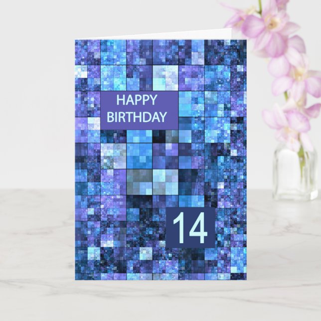 14th Birthday, Blue Squares, Card (Orchid)