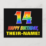 [ Thumbnail: 14th Birthday: Bold, Fun, Simple, Rainbow 14 Postcard ]