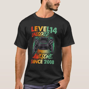 14th Birthday Boy Level 14 Unlocked Awesome 2008 V T-Shirt