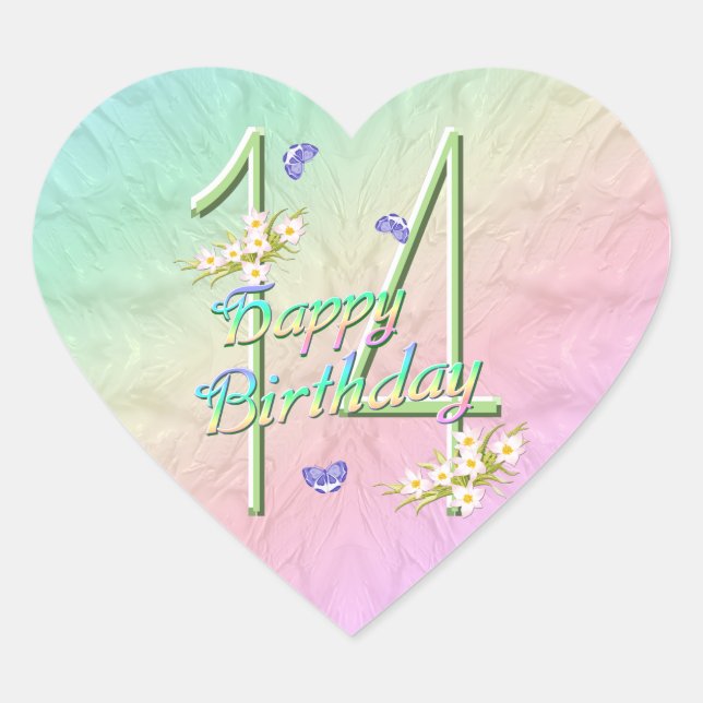 14th Birthday Butterflies and Rainbows Heart Stick Heart Sticker (Front)
