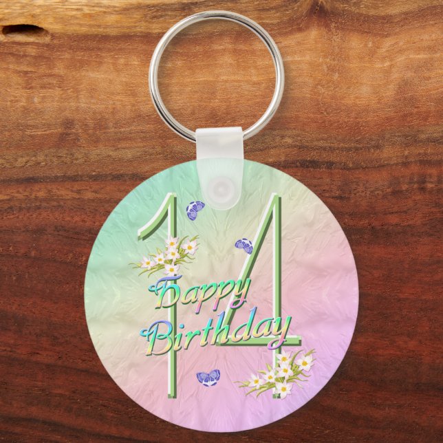 14th Birthday Butterfly Garden Keychain (Front)