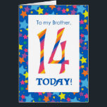 14th Birthday Card for Brother, Stripes and Stars<br><div class="desc">A bright and colourful 14th Birthday Card for a Brother,  with striped numbers and a starry border,  from a digital design by Judy Adamson. You can change the inside message if you wish.</div>