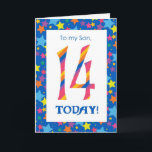 14th Birthday Card for Son, Stripes and Stars<br><div class="desc">A bright and colorful 14th Birthday Card for a Son,  with striped numbers and a starry border,  from a digital design by Judy Adamson. You can change the inside message if you wish.</div>
