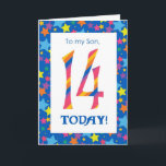 14th Birthday Card for Son, Stripes and Stars<br><div class="desc">A bright and colorful 14th Birthday Card for a Son,  with striped numbers and a starry border,  from a digital design by Judy Adamson. You can change the inside message if you wish.</div>