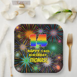 [ Thumbnail: 14th Birthday: Colorful, Fun Celebratory Fireworks Paper Plates ]