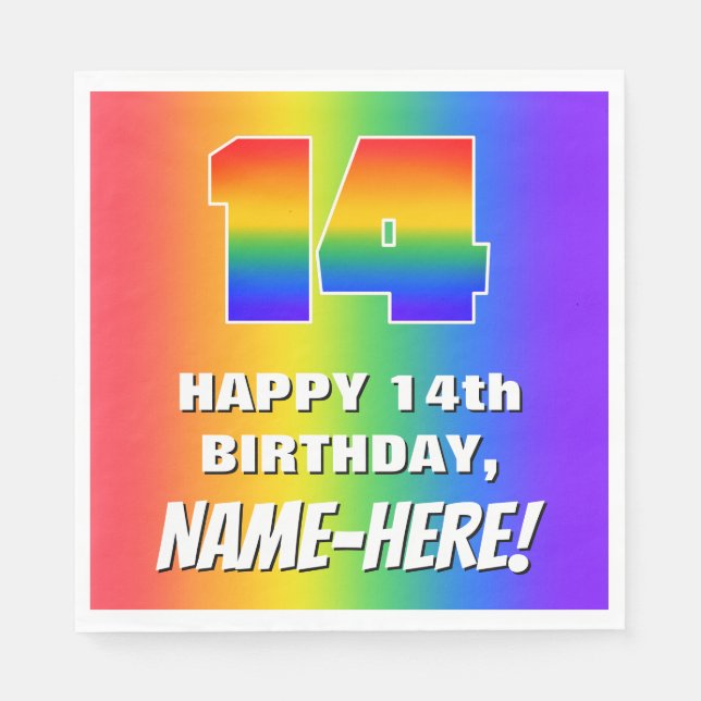 14th Birthday: Colorful, Fun Rainbow Pattern # 14 Napkins (Front)