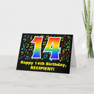 14th Birthday: Colorful Music Symbols & Rainbow 14 Card
