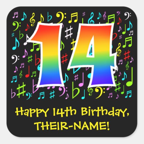 14th Birthday Colorful Music Symbols Rainbow 14 Square Sticker