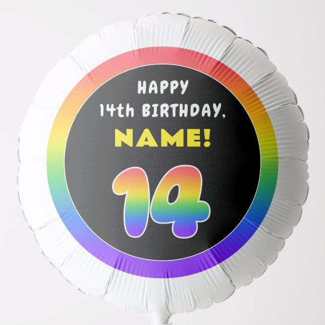 14th Birthday: Colorful Rainbow # 14, Custom Name Balloon (Front)