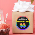 [ Thumbnail: 14th Birthday: Colorful Rainbow # 14, Custom Name Round Sticker ]