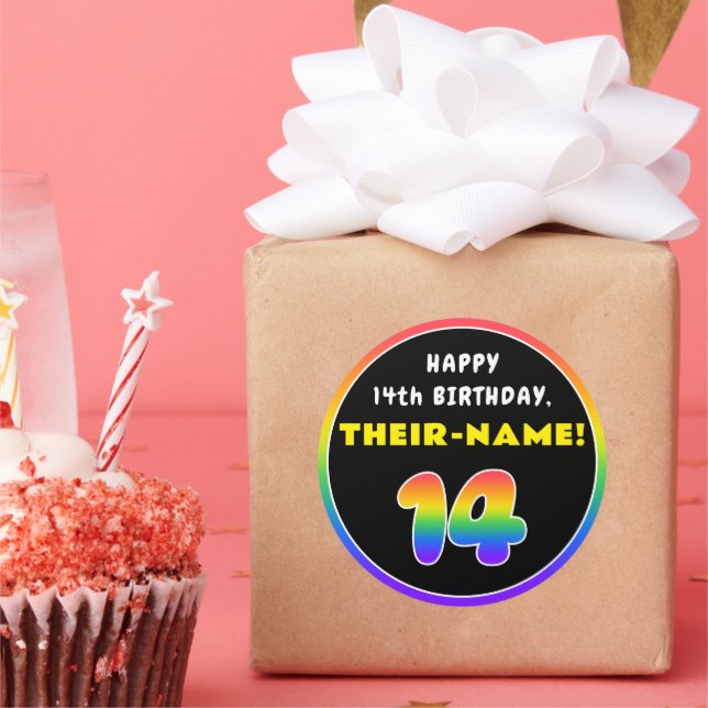 14th Birthday: Colorful Rainbow # 14, Custom Name Classic Round Sticker (Party)