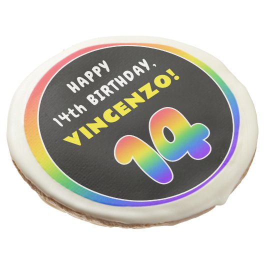14th Birthday: Colorful Rainbow # 14, Custom Name Sugar Cookie (Angled)