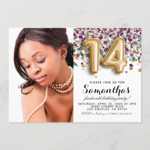14th Birthday Confetti Gold Portrait Invitation
