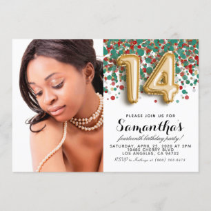 14th Birthday Confetti Gold Portrait Invitation