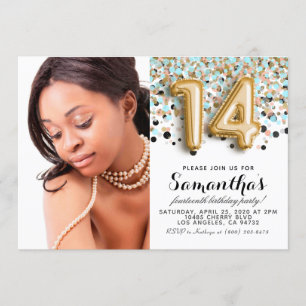 14th Birthday Confetti Gold Portrait Invitation
