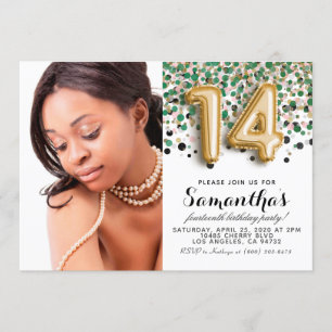14th Birthday Confetti Gold Portrait Invitation