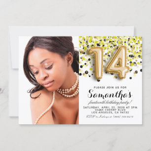 14th Birthday Confetti Gold Portrait Invitation