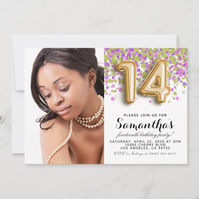 14th Birthday Confetti Gold Portrait Invitation (Front)